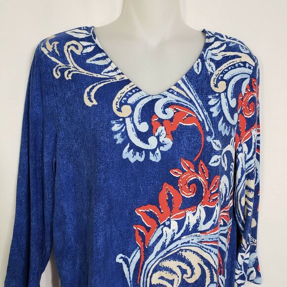 Chico's Womens Top Size 0 Small Tunic Boheme Scrolls Asymmetrical V Neck 3/4 Slv - Picture 3 of 10